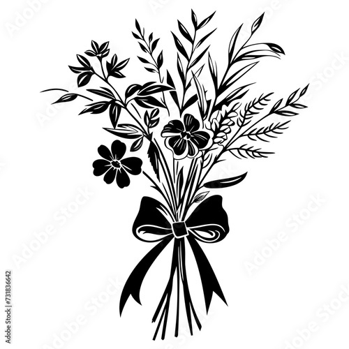 Silhouette spring flower bouquet tied with ribbon black color only