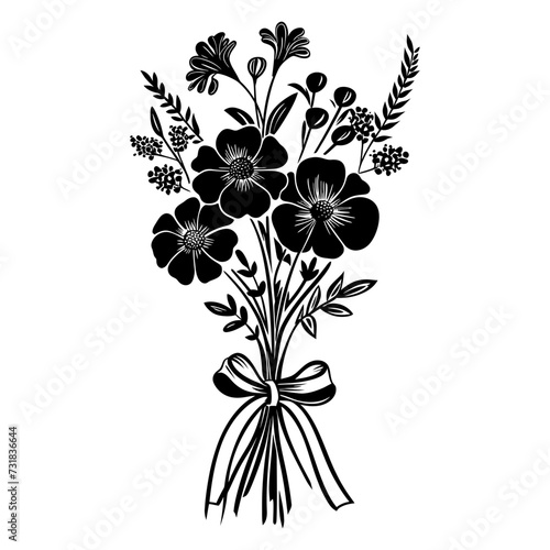 Silhouette spring flower bouquet tied with ribbon black color only