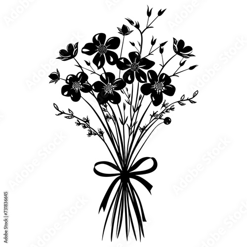 Silhouette spring flower bouquet tied with ribbon black color only