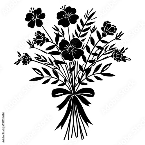 Silhouette spring flower bouquet tied with ribbon black color only