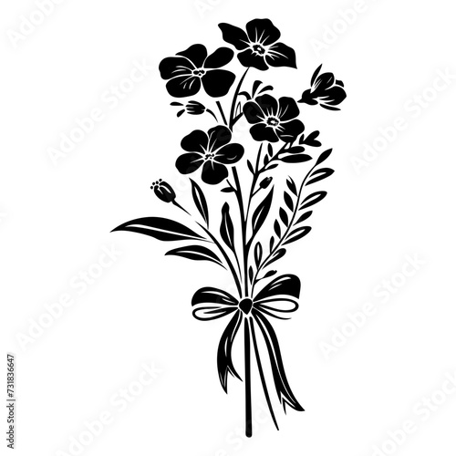 Silhouette spring flower bouquet tied with ribbon black color only