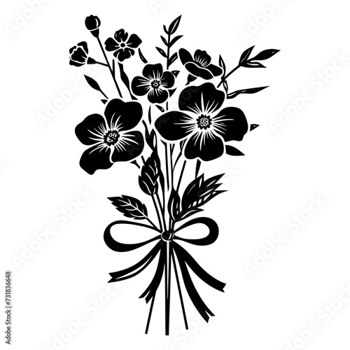Silhouette spring flower bouquet tied with ribbon black color only