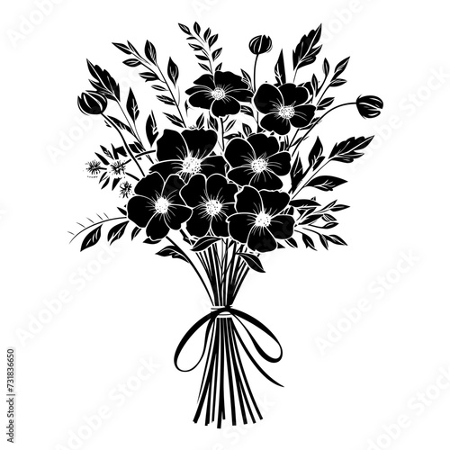 Silhouette spring flower bouquet tied with ribbon black color only