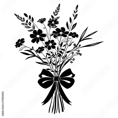 Silhouette spring flower bouquet tied with ribbon black color only