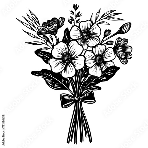 Silhouette spring flower bouquet tied with ribbon black color only