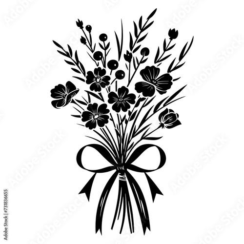 Silhouette spring flower bouquet tied with ribbon black color only