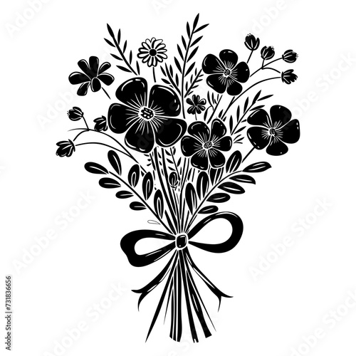 Silhouette spring flower bouquet tied with ribbon black color only