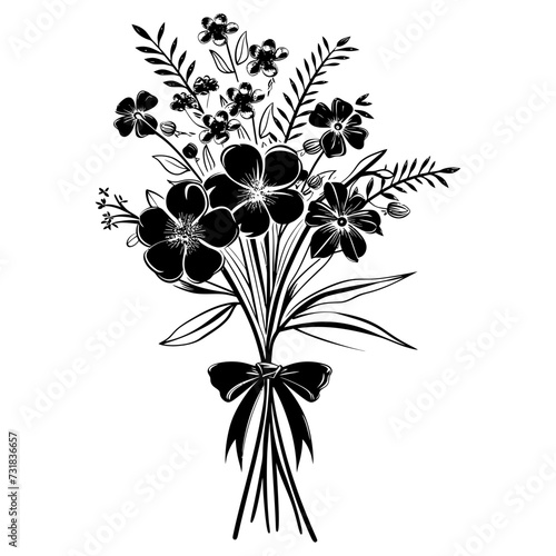 Silhouette spring flower bouquet tied with ribbon black color only