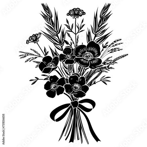 Silhouette spring flower bouquet tied with ribbon black color only