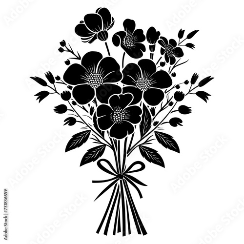 Silhouette spring flower bouquet tied with ribbon black color only