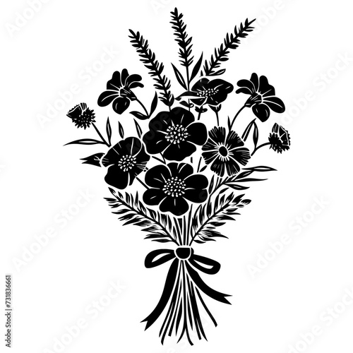 Silhouette spring flower bouquet tied with ribbon black color only