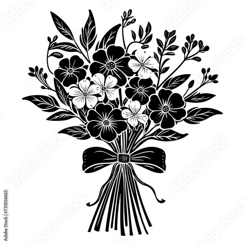 Silhouette spring flower bouquet tied with ribbon black color only