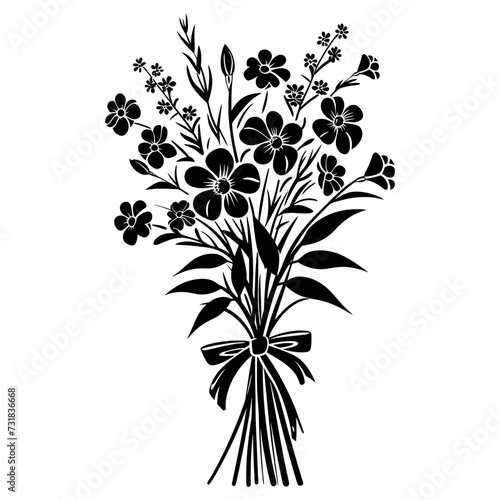 Silhouette spring flower bouquet tied with ribbon black color only