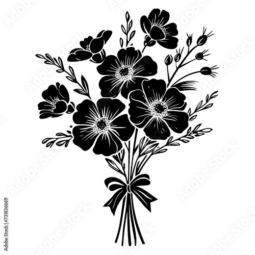 Silhouette spring flower bouquet tied with ribbon black color only