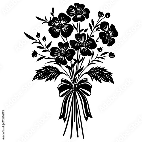 Silhouette spring flower bouquet tied with ribbon black color only