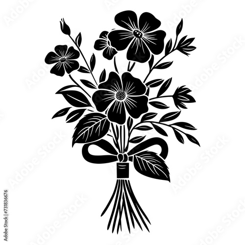 Silhouette spring flower bouquet tied with ribbon black color only