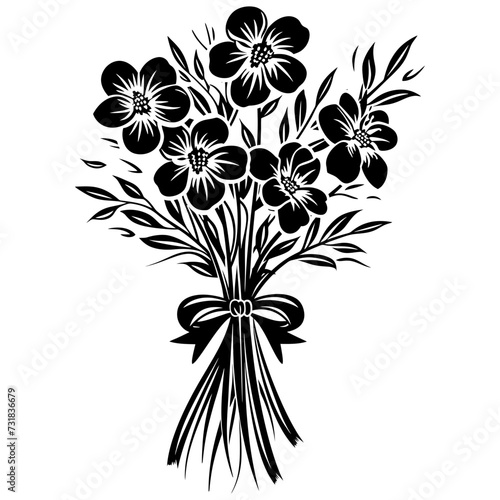 Silhouette spring flower bouquet tied with ribbon black color only