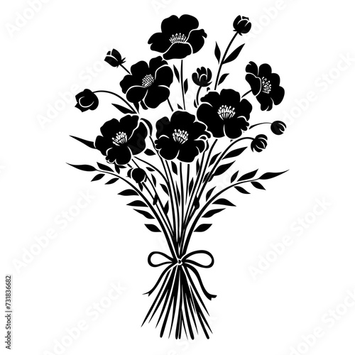 Silhouette spring flower bouquet tied with ribbon black color only