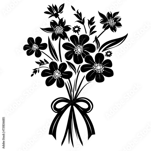 Silhouette spring flower bouquet tied with ribbon black color only
