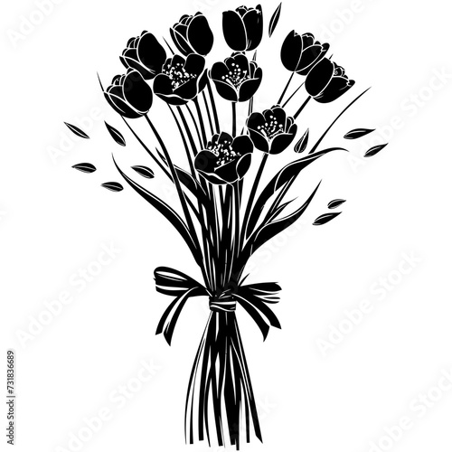 Silhouette spring flower bouquet tied with ribbon black color only