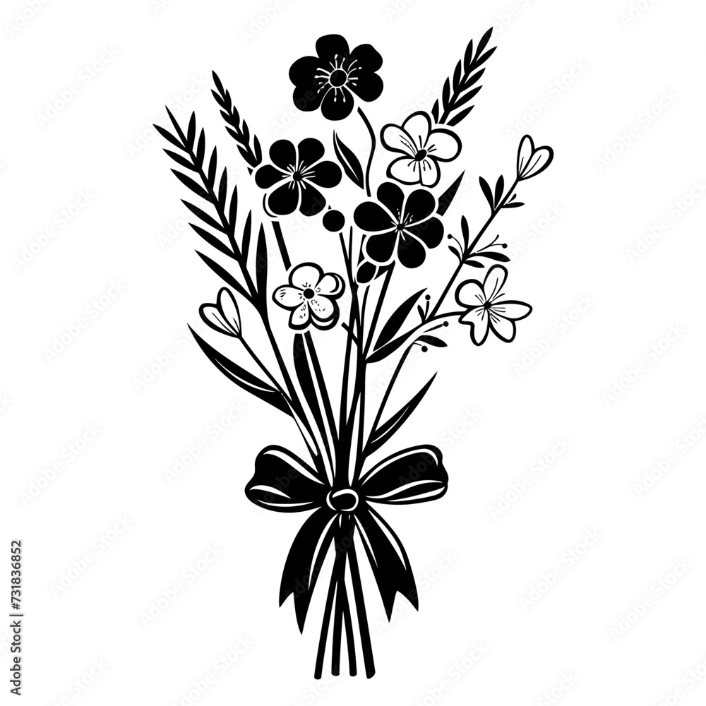 Silhouette spring flower bouquet tied with ribbon black color only Silhouette spring flower bouquet tied with ribbon black color only