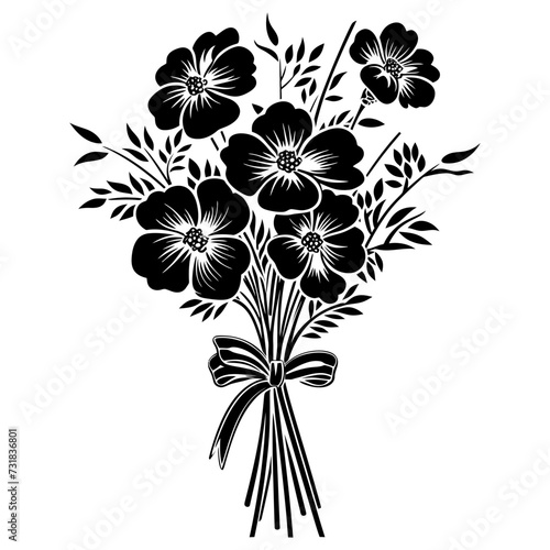 Silhouette spring flower bouquet tied with ribbon black color only
