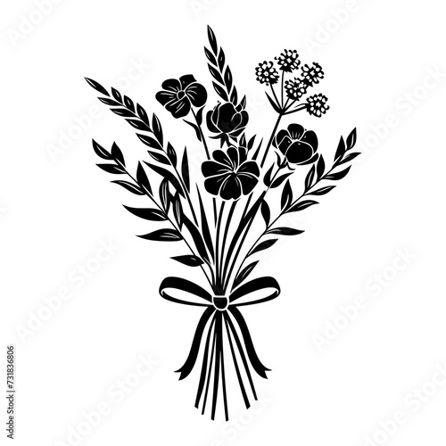 Silhouette spring flower bouquet tied with ribbon black color only
