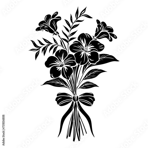 Silhouette spring flower bouquet tied with ribbon black color only