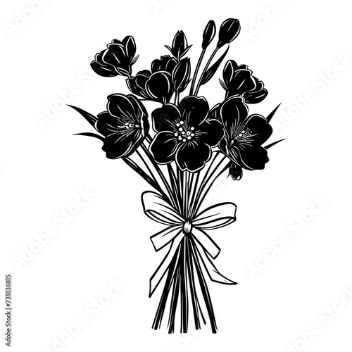 Silhouette spring flower bouquet tied with ribbon black color only