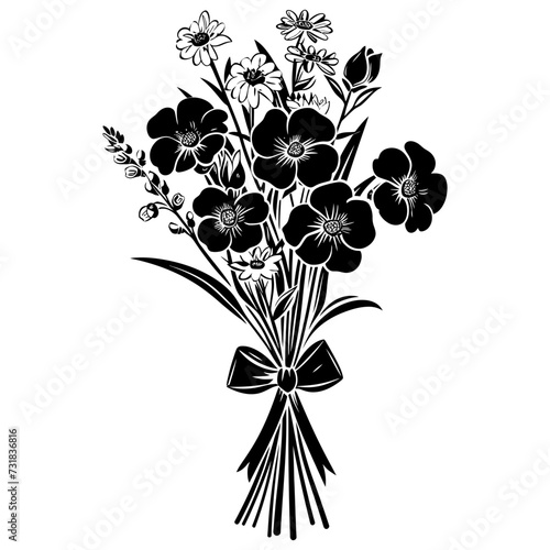 Silhouette spring flower bouquet tied with ribbon black color only