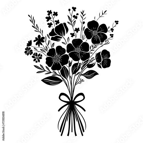 Silhouette spring flower bouquet tied with ribbon black color only