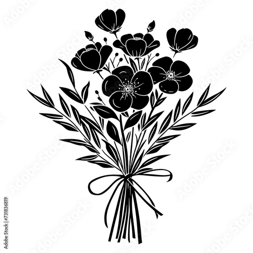 Silhouette spring flower bouquet tied with ribbon black color only