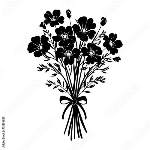 Silhouette spring flower bouquet tied with ribbon black color only