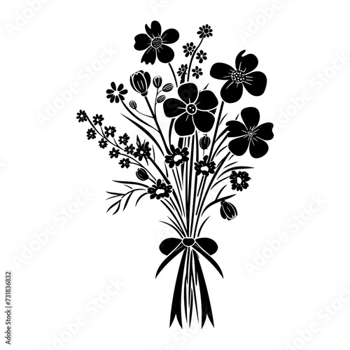 Silhouette spring flower bouquet tied with ribbon black color only