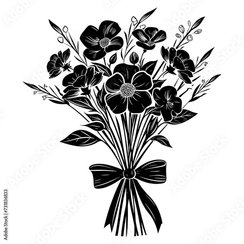 Silhouette spring flower bouquet tied with ribbon black color only