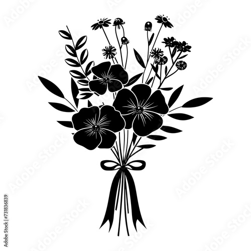 Silhouette spring flower bouquet tied with ribbon black color only