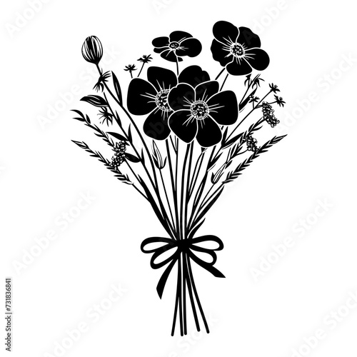 Silhouette spring flower bouquet tied with ribbon black color only