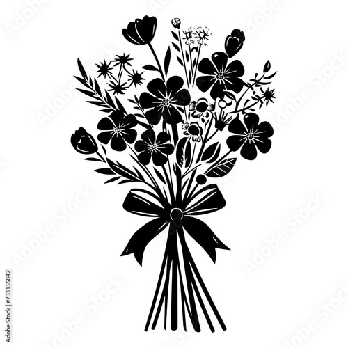 Silhouette spring flower bouquet tied with ribbon black color only
