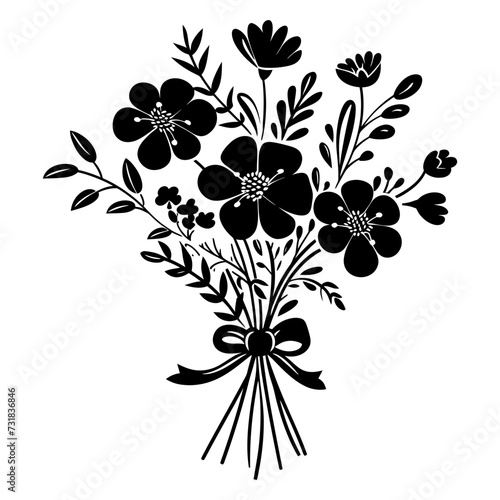 Silhouette spring flower bouquet tied with ribbon black color only