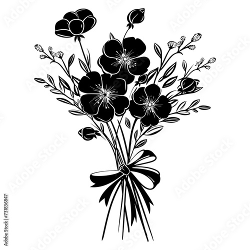 Silhouette spring flower bouquet tied with ribbon black color only
