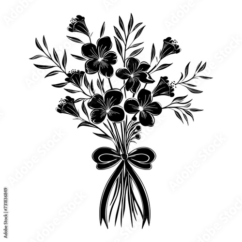 Silhouette spring flower bouquet tied with ribbon black color only