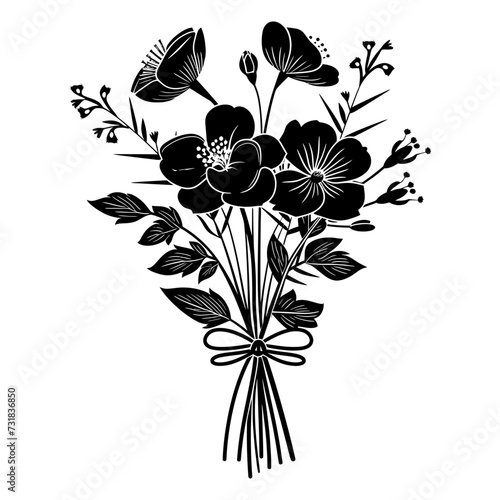 Silhouette spring flower bouquet tied with ribbon black color only