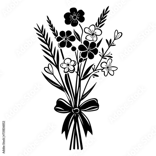 Silhouette spring flower bouquet tied with ribbon black color only
