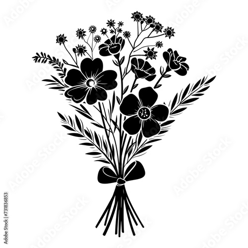 Silhouette spring flower bouquet tied with ribbon black color only