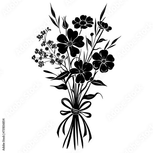 Silhouette spring flower bouquet tied with ribbon black color only