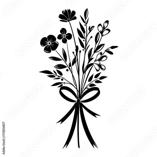 Silhouette spring flower bouquet tied with ribbon black color only