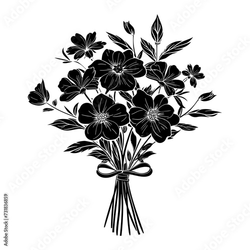 Silhouette spring flower bouquet tied with ribbon black color only