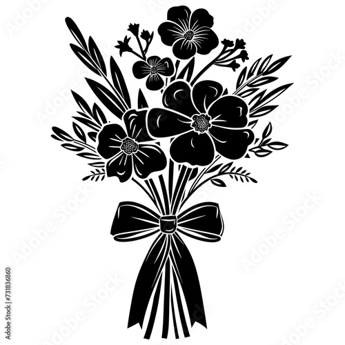 Silhouette spring flower bouquet tied with ribbon black color only