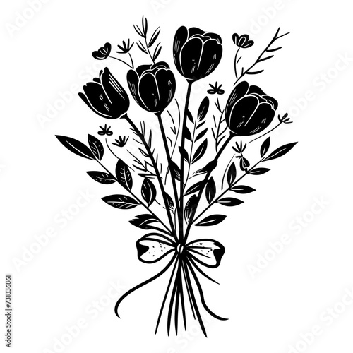 Silhouette spring flower bouquet tied with ribbon black color only