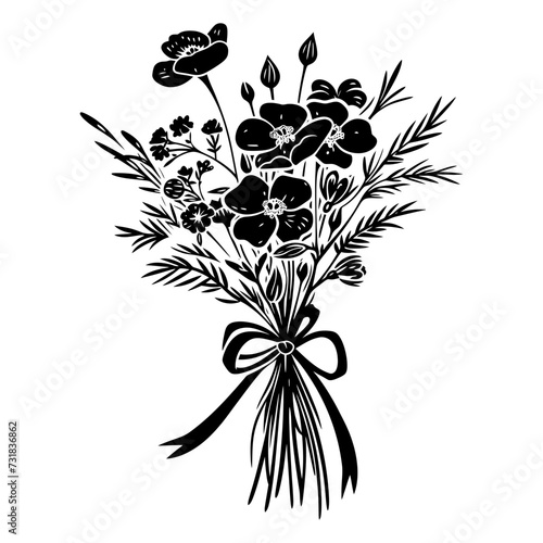 Silhouette spring flower bouquet tied with ribbon black color only